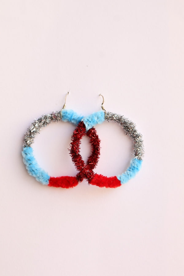 Boho Tinsel Hoops – Red & Sky Blue
